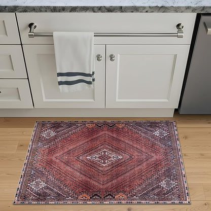 Bloom Rugs Washable Non-Slip 2' x 3' Rug - Red/Multicolor Traditional Bordered Area Rug for Living Room, Bedroom, Dining Room, and Kitchen - Exact Size: 2' x 3'
