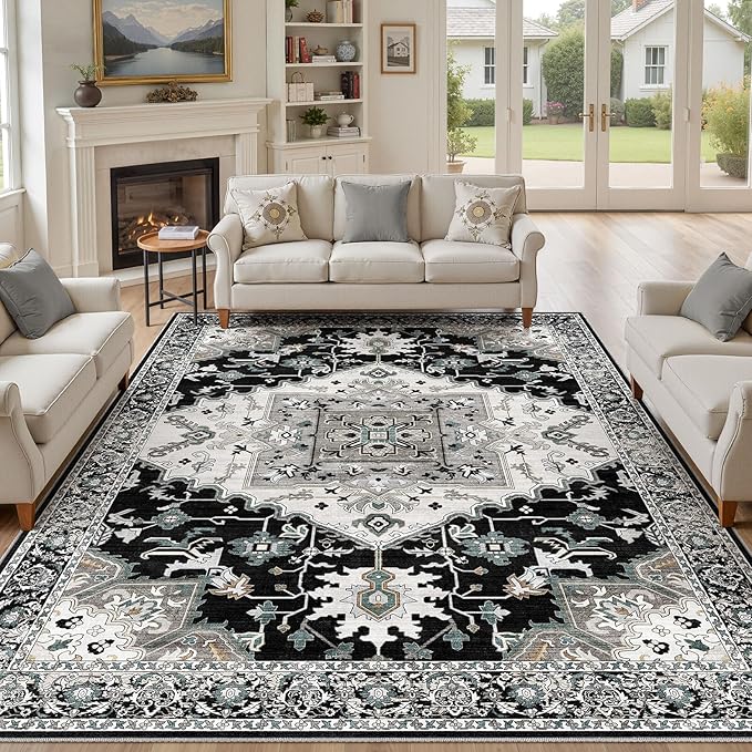8x10 Washable Area Rugs for Living Room: Non Slip Vintage Black Rug, Large Soft Stain Resistant Indoor Floor Carpets for Bedroom Dining Room Nursery Home Office Kid & Pet Friendly
