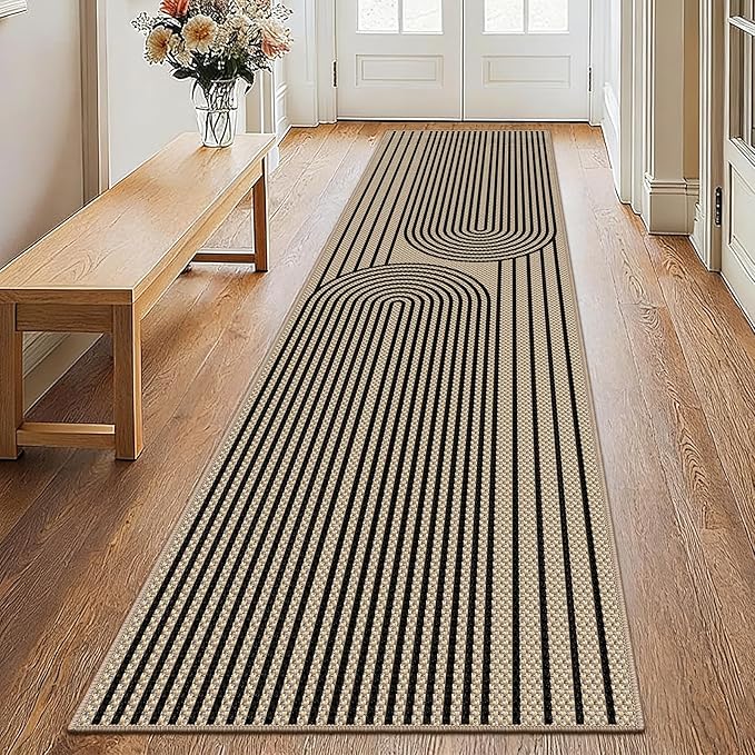 Easy Jute Hallway Runner Rug, 2' x 8' Kitchen Runner, Black Farmhouse Ultra-Thin Washable Non-Slip Carpet Runner for Laundry, Bedroom, Backyard, Outdoor, Home Decor