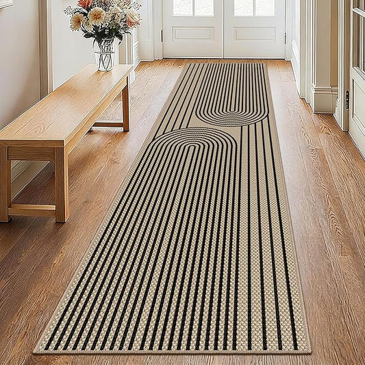 Easy Jute Hallway Runner Rug, 2' x 8' Kitchen Runner, Black Farmhouse Ultra-Thin Washable Non-Slip Carpet Runner for Laundry, Bedroom, Backyard, Outdoor, Home Decor