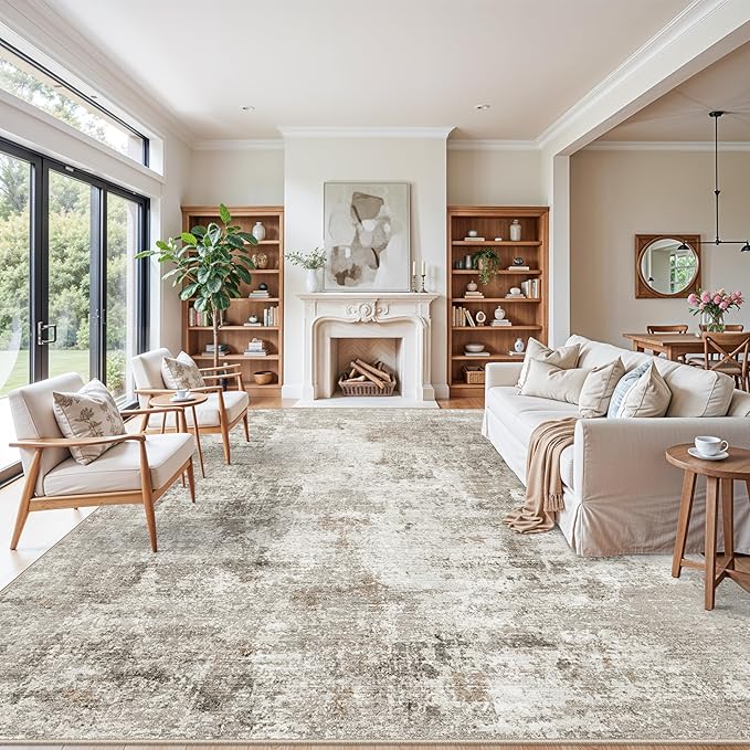 11x14 Area Rug for Living Room Washable – Large Neutral Room Size Bedroom Dining Room Rug Soft Low-Pile Modern Abstract Oversized Indoor Carpet – Non-Slip Stain-Resistant (Beige Grey)