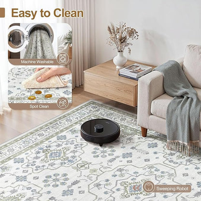 Area Rug 10x14 for Living Room - Washable Oriental Vintage Floral Distressed Large Indoor Carpets with Non Slip Back for Bedroom Dining Room Nursery Office Home Decor -Light Green