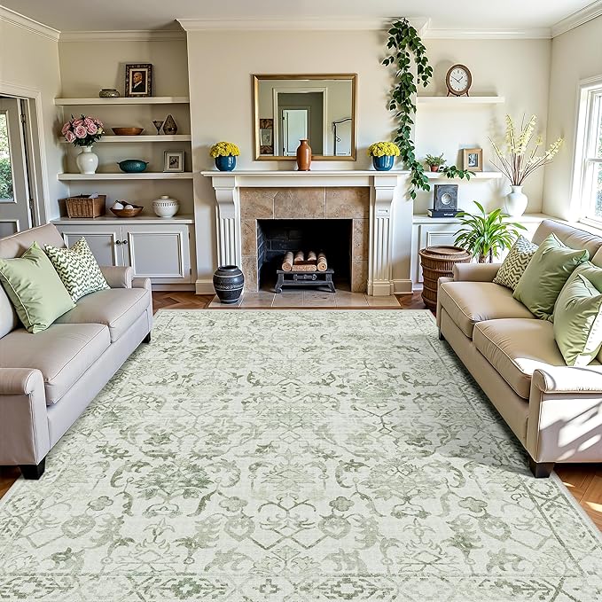 Deerly Sage Neutral Large Area Rug 9x12 for Living Room, Washable Rug for Dining Room Bedroom, Anti-Slip Low-Pile and Soft Accent Rug Farmhouse Office Home Decor Light Green