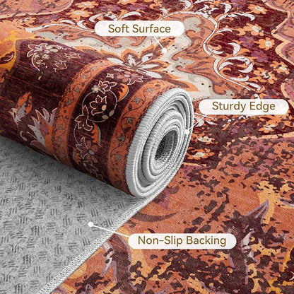 RUSHUFFY 8x10 Washable Rug for Living Room, Non-Slip Large Boho Vintage Print Pattern Carpet for Bedroom Dorm Dining Room Farmhouse Nursery Home Office, Orange & Red