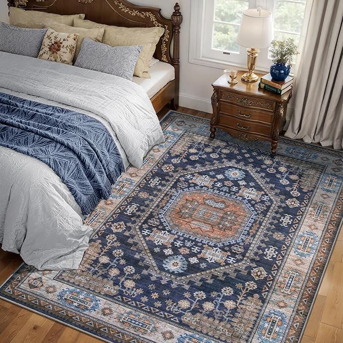 Tangsoo Vintage 3x5 Area Rug for Bedroom Entryway,Washable Soft Low Pile Indoor Accent Rugs,Boho Non-Slip Carpet for Living Room Bedside Bathroom Entry Blue Orange