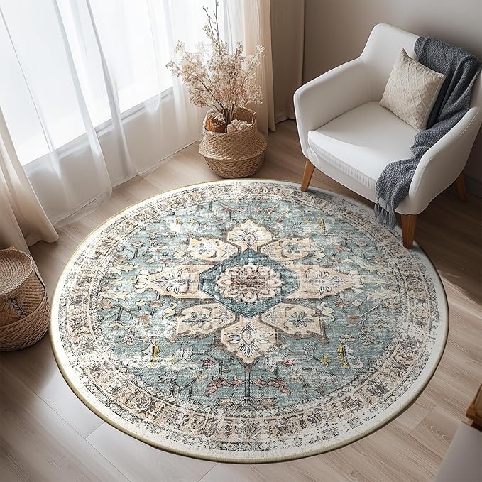 BESTSWEETIE 6ft Area Rug Washable Rugs for Living Room, No Pile Boho Carpet for Entryway Bedroom Dinning Room, Vintage Carpet Print Distressed Non-Slip, 72" Round, Green Brick Rust Red