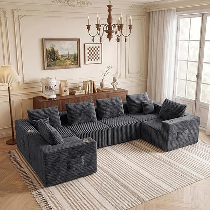 137'' U-Shaped Cloud Modular Sectional Sofa, Modern Corduroy Memory Foam Couch with Cup Holders, Upholstered Boneless Deep Seat Fluffy 6-Seater Sofa, No Assembly Needed, Grey, for Living Room