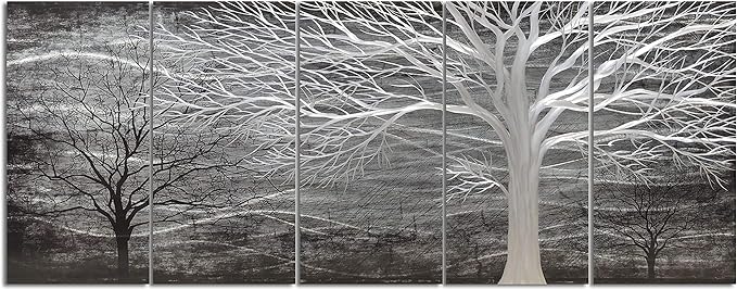 Yihui Arts Tree Metal Wall Art For Living Room Black Grey Silver Color Pictuers For Decor