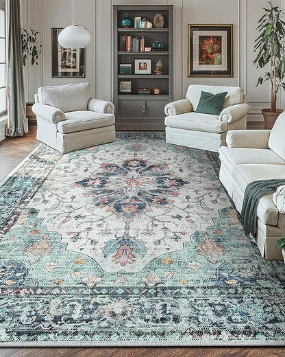 RELEANY Area Rugs 10'x14' Washable Non-Slip, Floral Vintage Distress Print Pattern Medallion Carpet for Living Room Bedroom Dining Room, Green Navy Blue White Red Teal Colorful
