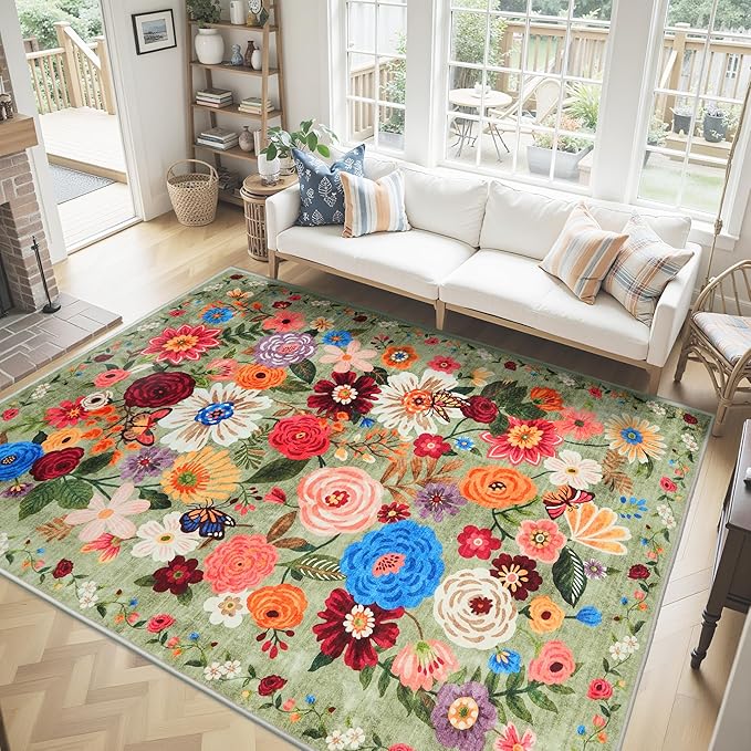 Washable Area Rug 8x10 Green, Large Soft Floral Rug for Living Room Bedroom Dining Room Non-Slip Stain Resistant Under Table Rug