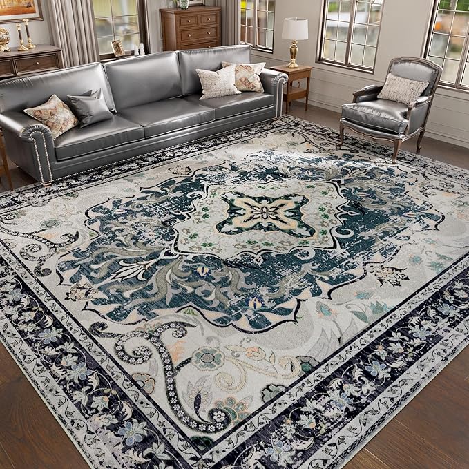 RUSHUFFY 6x9 Washable Area Rugs for Living Room, Non-Slip Boho Vintage Traditional Medallion Print Pattern Carpet for Bedroom Dining Room Farmhouse Nursery Room, Slate Blue & Beige