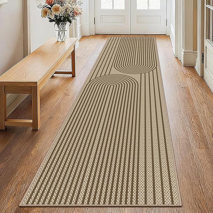 Easy Jute Hallway Runner Rug, 2' x 8' Kitchen Runner, Brown Farmhouse Ultra-Thin Washable Non-Slip Carpet Runner for Laundry, Bedroom, Backyard, Outdoor, Home Decor