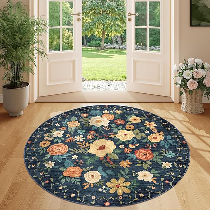 DUKINO Floral Round Rug, 4ft Washable Circle Rug, Non Slip Indoor Low Pile Circle Rug, Soft Small Boho Design Carpet for Bedroom, Entryway, Living Room, Dining Room, Dark Blue