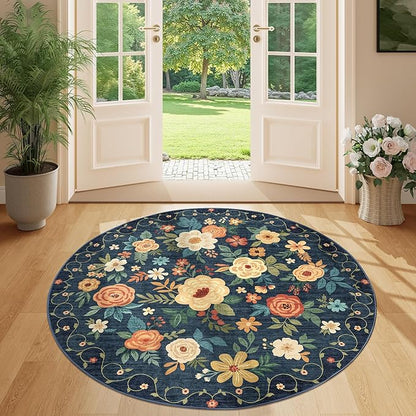 DUKINO Floral Round Rug, 4ft Washable Circle Rug, Non Slip Indoor Low Pile Circle Rug, Soft Small Boho Design Carpet for Bedroom, Entryway, Living Room, Dining Room, Dark Blue