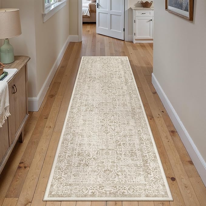 PureCozy Light Brown Runner Rug 2'6"x14' Washable Carpet for Hallway Kitchen Vintage Distressed Non Slip Indoor Retro Floral Bedroom Accent Throw Long Rug Bathroom Office Laundry Dining Living Room