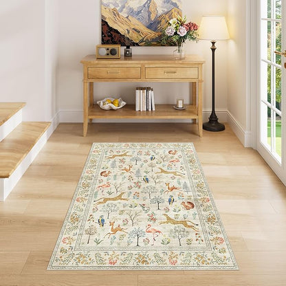 DUKINO 3x4 Washable Entryway Rug, Vintage Animal Ultra Soft Kitchen Area Rug with Non Slip Backing, Low Pile & Stain Resistant Indoor Door Mat for Bathroom, Bedroom, Laundry Room, Office, Beige
