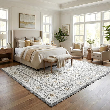 GarveeHome Boho 6x9 Area Rug for Living Room, Floral Vintage Rugs for Bedroom with Soft Low Pile, Non Slip Stain Resistant Botanical Washable Rug 6x9 for Dining Room Grey Carpet for Dorm Office