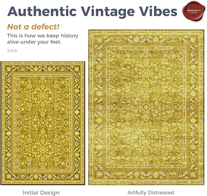 OPPODREAM Vintage Yellow Area Rugs 3x5, 3 x 5 Retro Washable Rug Non Slip, Low-Pile Faux Wool Carpet, Distressed Floor Mat for Living Room, Bedroom, Kitchen, Office, Dorm, Dinning Room
