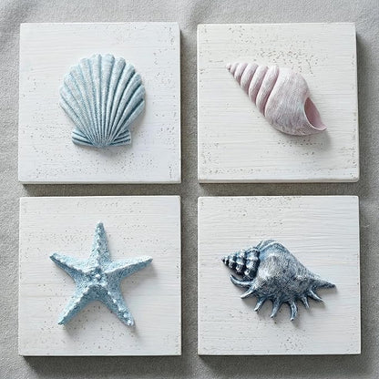 TideAndTales Beach Decor Seashell Wall Art - (Set of 4) Textured 3D Shells and Starfish Decorations for Home or Beach House, Rustic Ocean Theme Coastal Bedroom or Bathroom Wall Decor 6" x 6"