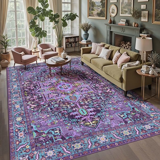 Kokia 10x14 Washable Violet Purple Area Rugs with Vintage Orient Design, Soft Rug for Living Room or Bedroom, Non-Slip Low Pile Stain Resistance Features, Distressed Medallion Pattern