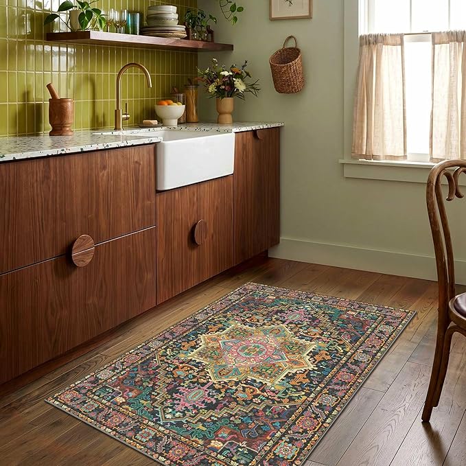 2x3 Washable Small Front Door Black and Pink with Vintage Orient Design, Soft Rug for Entryway or Kitchen, Non-Slip Low Pile Stain Resistance Features, Distressed Medallion Pattern