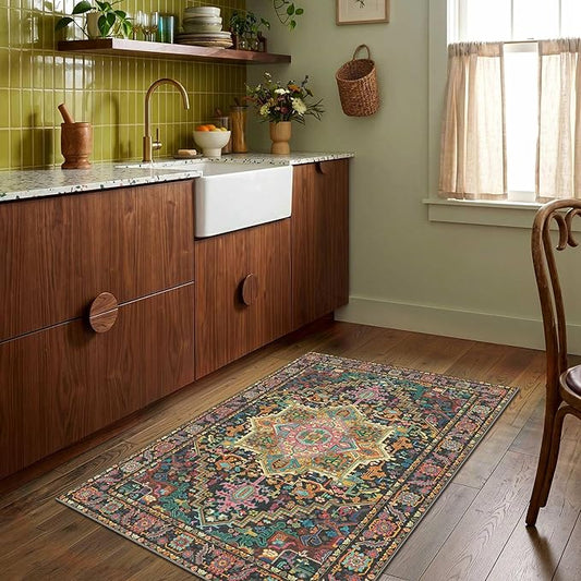2x3 Washable Small Front Door Black and Pink with Vintage Orient Design, Soft Rug for Entryway or Kitchen, Non-Slip Low Pile Stain Resistance Features, Distressed Medallion Pattern