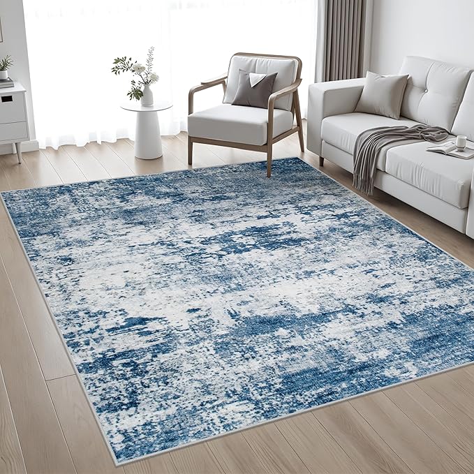 8x8 Area Rug Living Room Rug: Washable Modern Abstract Soft Thin Rug Indoor Floor No Slip Stain Resistant Carpet for Bedroom Dining Room Farmhouse Nursery Home Office - Blue