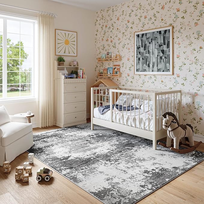 Washable Rug 6x9 Area Rugs for Living Room Bedroom Carpet, Grey Indoor Vintage Abstract Boho Large Rug Non Slip Faux Wool Rugs for Dorm, Dining Room Table, Nursery, Kids Playroom, Gray