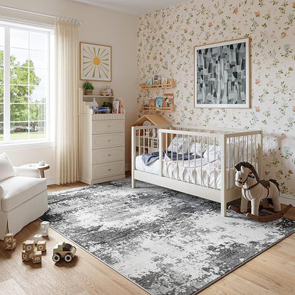 Washable Rug 6x9 Area Rugs for Living Room Bedroom Carpet, Grey Indoor Vintage Abstract Boho Large Rug Non Slip Faux Wool Rugs for Dorm, Dining Room Table, Nursery, Kids Playroom, Gray