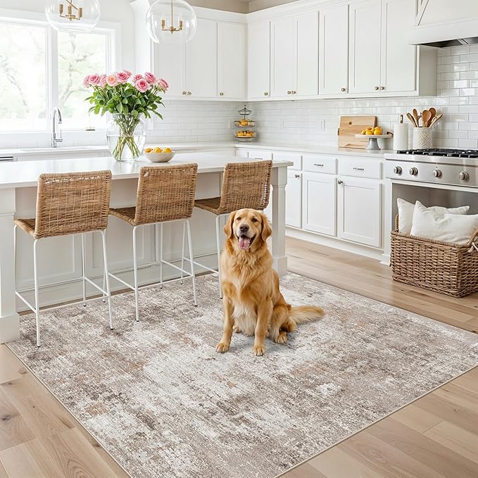 5x5 Square Entryway Rug Washable – Non-Slip Small Area Rug for Kitchen or Bathroom, Soft Low-Pile Indoor Mat, Modern Abstract Thin Door Carpet (Beige Grey)