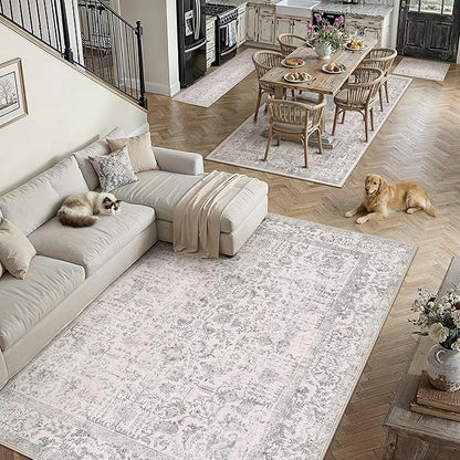 PureCozy Gray Runner Rug 2x8 Hallway Machine Washable Kitchen Vintage Distressed Non Slip Long Carpet Indoor Grey Retro Floral Bedroom Accent Throw Rug for Bathroom Office Laundry Dining Living Room