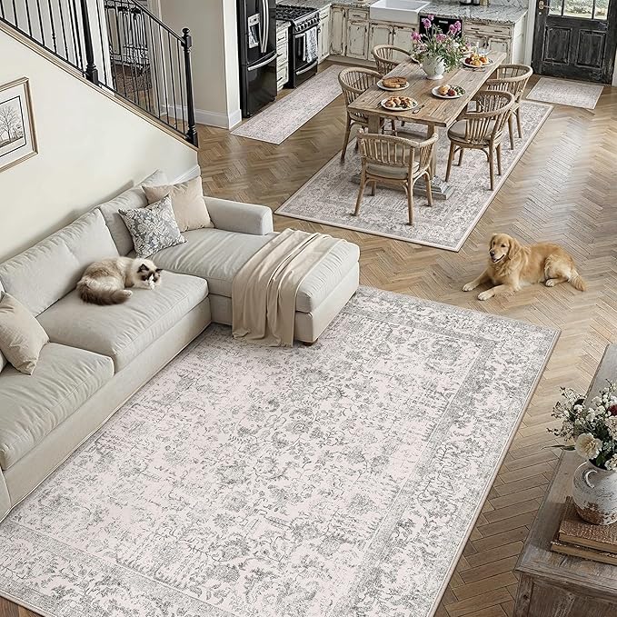 PureCozy Gray Area Rug 4x6 Office Entryway Rug Machine Washable Kitchen Vintage Distressed Non Slip Carpet Indoor Grey Retro Floral Accent Throw Door Mat for Bathroom Bedroom Dining Living Room