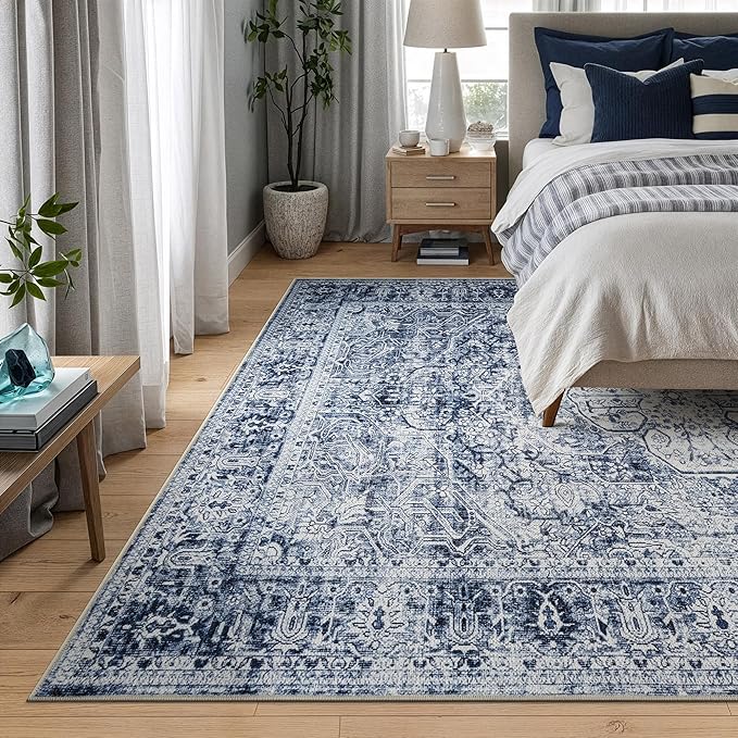 Bloom Rugs Washable Non-Slip 8' x 10' Rug - Ivory/Denim Blue Traditional Medallion Area Rug for Living Room, Bedroom, Dining Room, and Kitchen - Exact Size: 8' x 10'