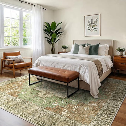 GENIMO 8x10 Area Rugs for Living Room, Machine Washable Rug, Non Slip Indoor Vintage Rug, Low Pile Lightweight Chenille Print Carpet for Bedroom Dining Room Home Office, Muted Green Brown