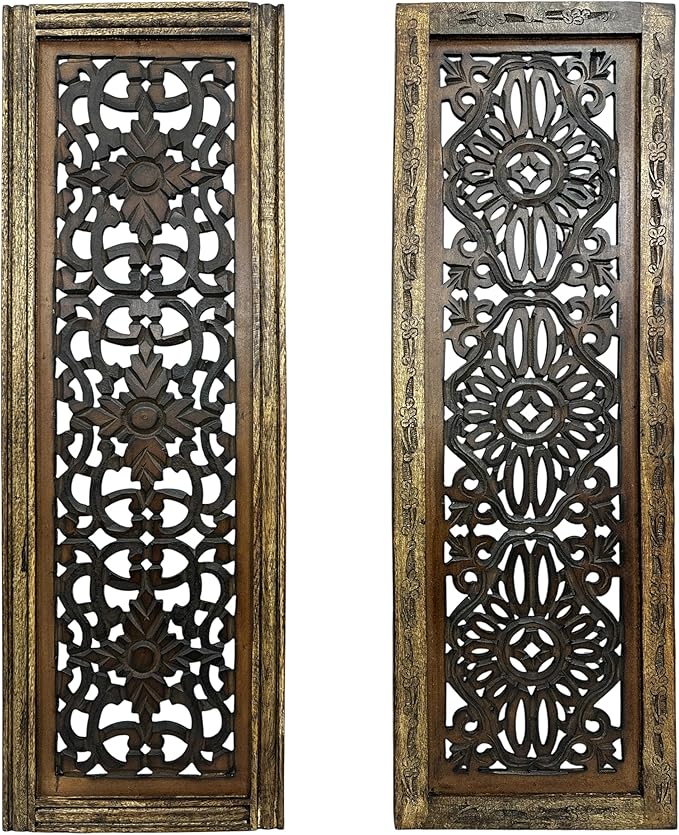 Floral Hand Carved Wooden Wall Panels Set of 2, Rustic Brown Decorative Wall Art for Living Room, Bedroom, Hallway & Home Décor, Vintage Rustic Finish Handmade Wooden Hanging Panels