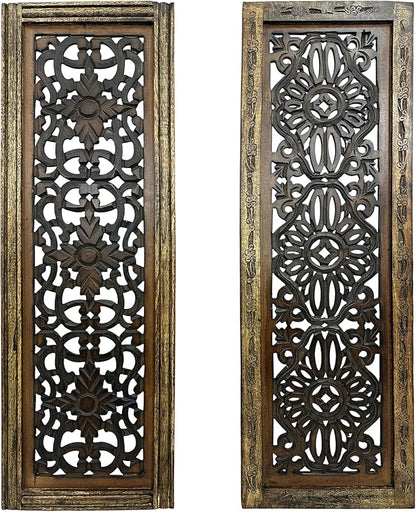 Floral Hand Carved Wooden Wall Panels Set of 2, Rustic Brown Decorative Wall Art for Living Room, Bedroom, Hallway & Home Décor, Vintage Rustic Finish Handmade Wooden Hanging Panels