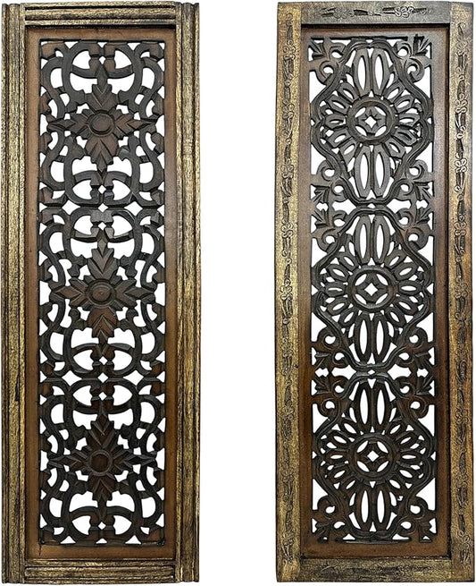Floral Hand Carved Wooden Wall Panels Set of 2, Rustic Brown Decorative Wall Art for Living Room, Bedroom, Hallway & Home Décor, Vintage Rustic Finish Handmade Wooden Hanging Panels