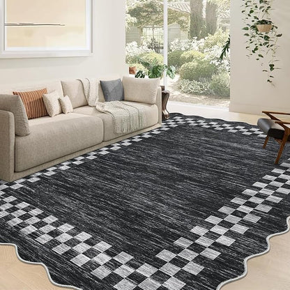 GarveeHome Scalloped Washable Rug 9x12 Area Rug for Living Room Modern Border Large Bedroom Throw Carpet with Rubber Backing Stain Resistant Boho Rug for Dining Room Home Decor Office, Grey