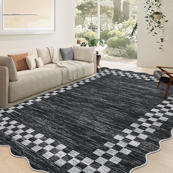 GarveeHome Washable Rug 5x7 for Living Room Large Bedroom Scalloped Rug Non Slip Stain Resistant Modern Border Throw Carpet Soft Boho Rug for Dining Room Nursery Home Office, Grey