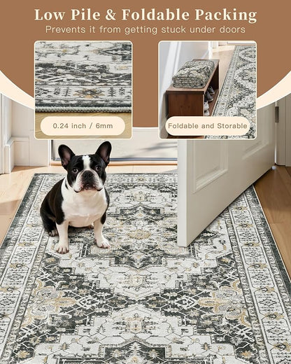 Madane Hallway Runner Rug 2'6''x16' Kitchen Runner - Non Slip Vintage Runners for Hallways Washable Kitchen Rugs Soft Low Pile 2.5x16 ft Rug Runner for Laundry Room, Entryway and Bedroom, Black