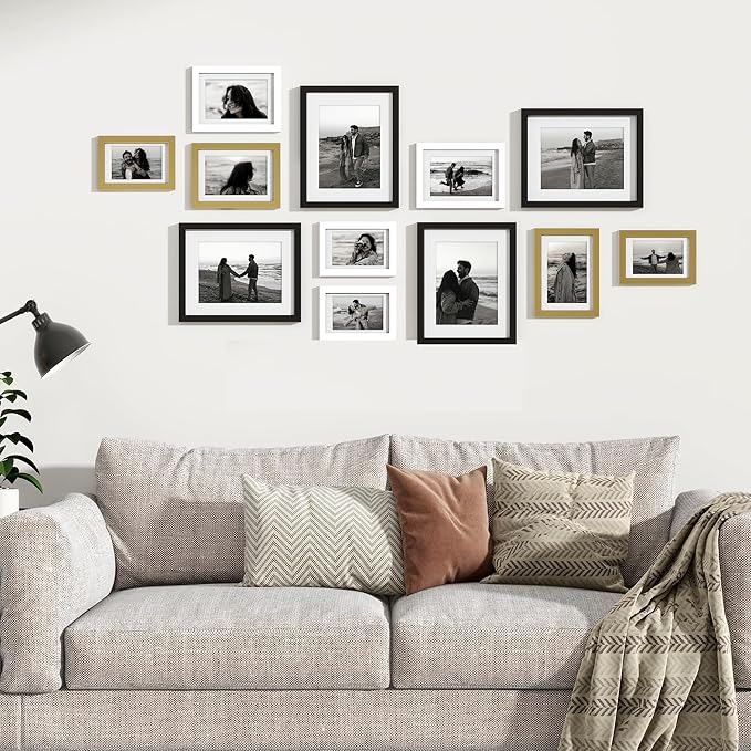 Venusmiles 12 Pack Picture Frames Collage Wall Decor, Gallery Frame Set for Wall Mounting or Tabletop Display, Multi Sizes Including 4pcs 8x10, 4pcs 5x7, 4pcs 4x6, Black+White+Gold