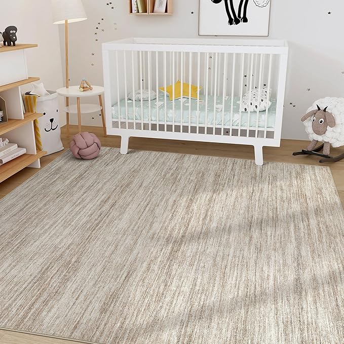 Nakagishi 9x12 Area Rugs Living Room: Washable Large Vintage Rug Neutral Non-Slip Soft Stain Resistant Indoor Carpet for Bedroom Nursery Dining Room Office Playroom - Brown-01