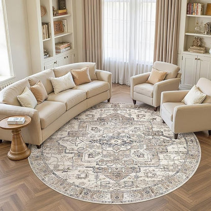 8x8 Round Area Rugs Washable Vintage - Soft Traditional Rugs for Living Room Large Non Slip Backing with Low Pile Farmhouse Oriental Retro Carpet for Bedroom Dining Room or Home Office - Tea Brown