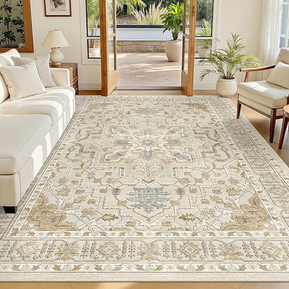 Madane 6x9 Area Rugs for Living Room, Stain Resistant Washable Rugs, Non-Slip Backing Area Rug, Vintage Home Decor Rug for Bedroom (Beige/Blue, 6'x9')