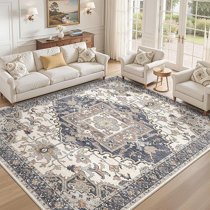 10x12 Washable Area Rugs for Living Room: Non Slip Vintage Beige Blue Rug, Large Soft Stain Resistant Indoor Floor Carpets for Bedroom Dining Room Nursery Home Office Kid & Pet Friendly