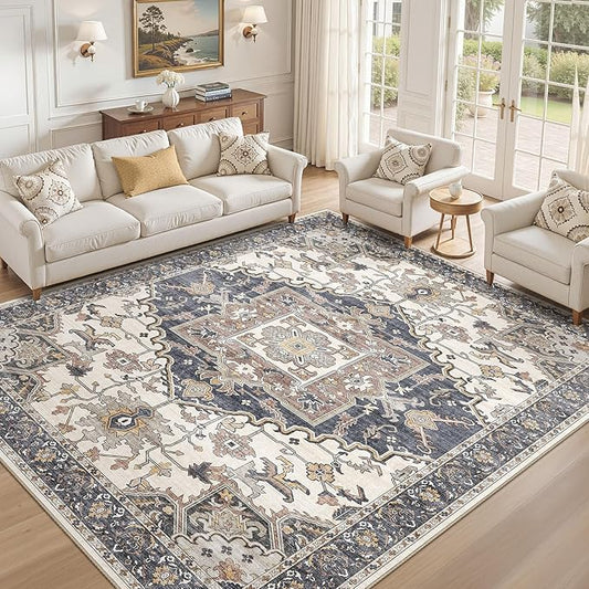 10x12 Washable Area Rugs for Living Room: Non Slip Vintage Beige Blue Rug, Large Soft Stain Resistant Indoor Floor Carpets for Bedroom Dining Room Nursery Home Office Kid & Pet Friendly
