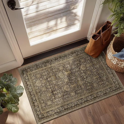 Washable 2x3 Entryway Rug, Boho Non-Slip Door Mat Vintage Distress Small Rugs for Kitchen Nursery Office Bedroom, 0.3" Neutral Oriental Throw Carpet with Cushioning Pad, Red/Brown/Multi, C4