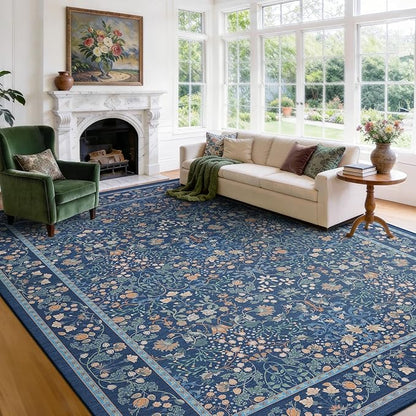 AMADA HOMEFURNISHING 8x10 Washable Area Rugs for Living Room, Non-Slip & Low-Profile Floral Large Area Rug with Durable Edge Binding, Soft Rugs for Living Room, Bedroom, Dining Room