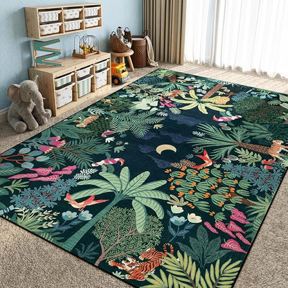 LIVEBOX Washable Jungle Dark Green Rugs 9x12 for Living Room, Stain Resistant Soft Kids Area Rugs for Bedroom, Non-Skid Modern Dining Room Rug Floor Carpet for Playroom Kids Nursery