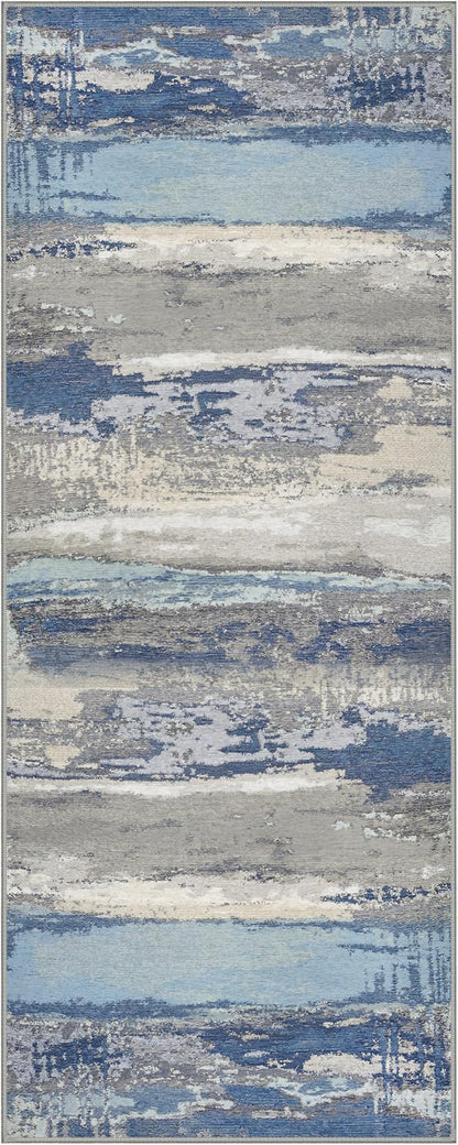 GENIMO 2X5 Washable Modern Runner Rug for Hallway, Non-Slip Low Pile Chenille Print Rug, Soft Rugs for Indoor Entryway Kitchen Corridor, Indigo Drift